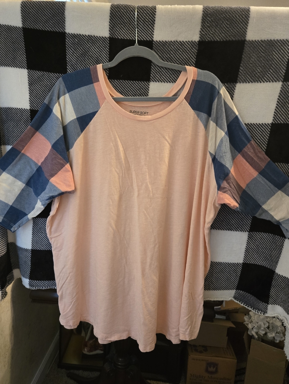 torrid Peach Tee with Blue and Pink Plaid Raglan Sleeves